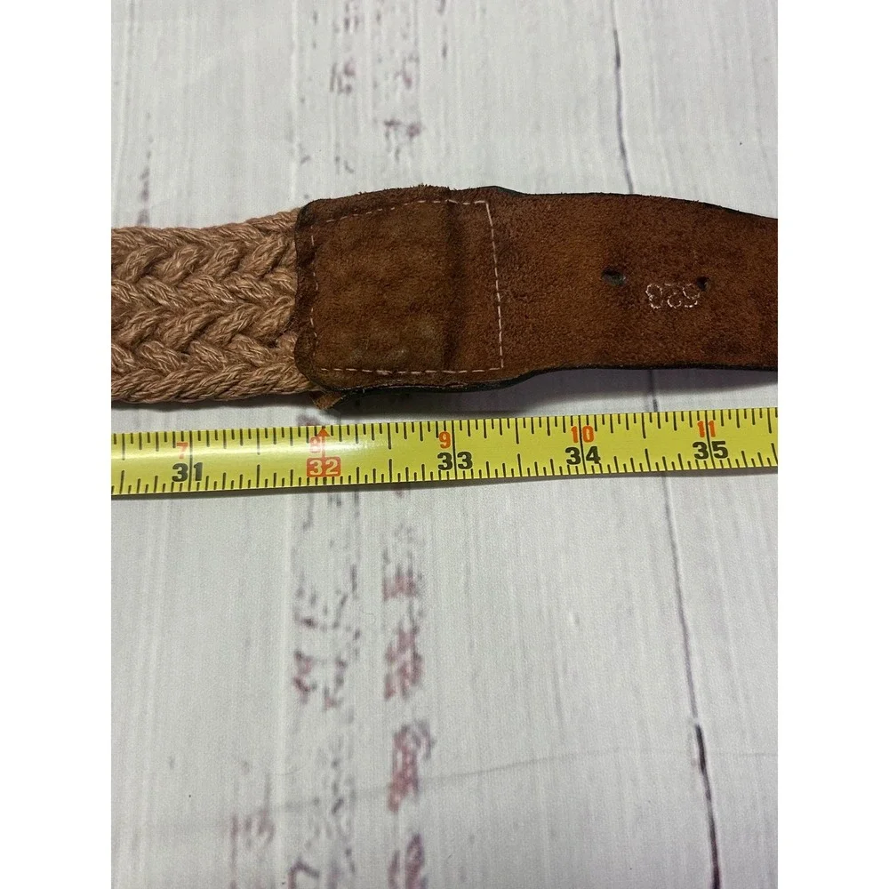 Mens Braided Jute Belt Brown Top Grain Cowhide Leather Trim Tan Woven Size 34